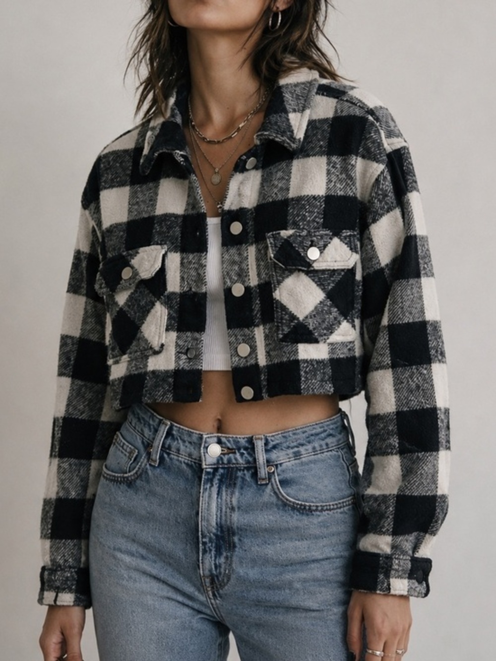 Zara Black White Cropped Buffalo Plaid Button Down Check Shacket